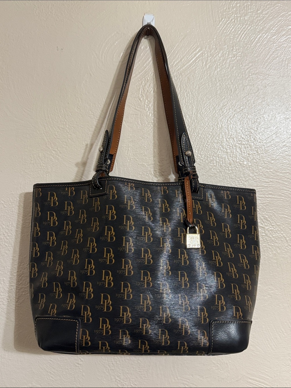 Dooney & Bourke Black Monogram Tote with Tan Trim